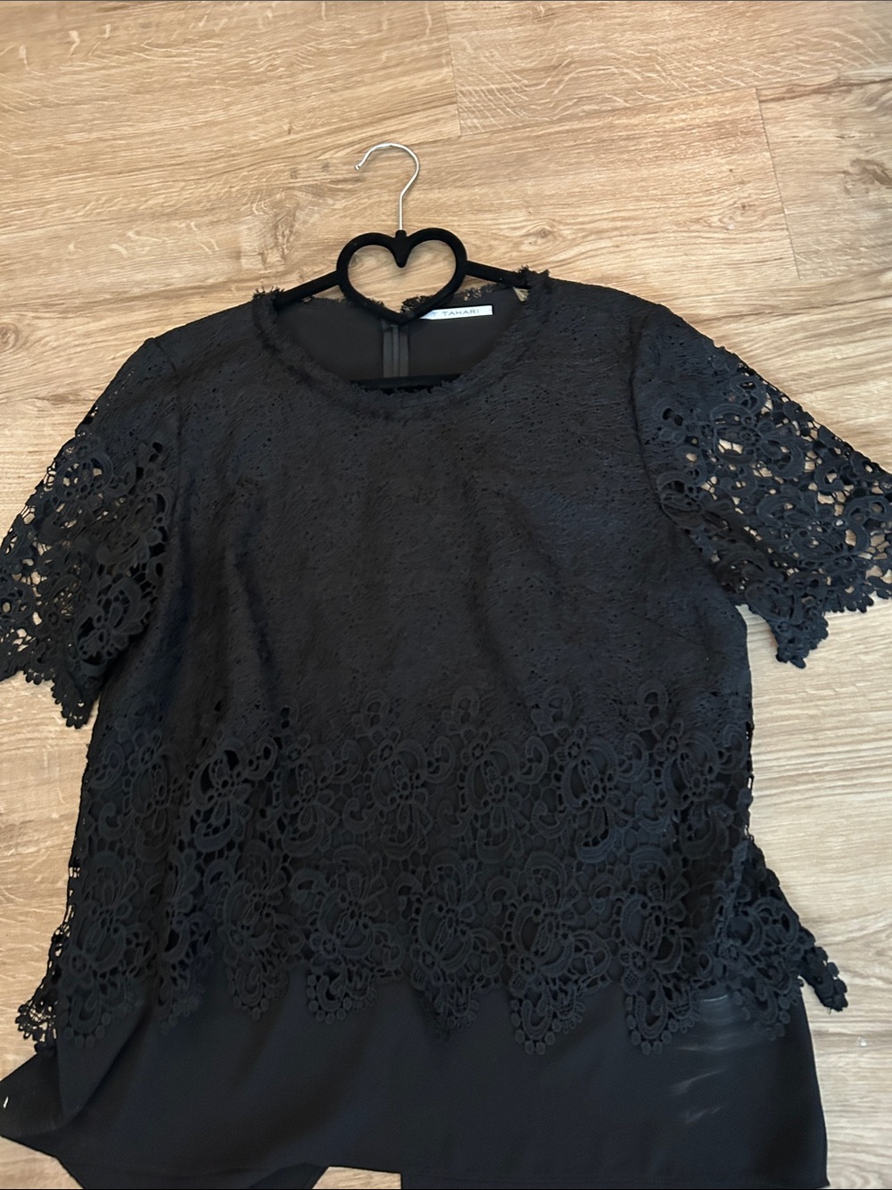 T Tahari Black Lace Overlay Short Sleeve Blouse